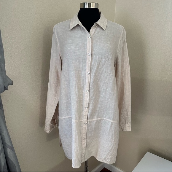 Tahari 100% Linen Long Line Button Down Tunic Top Lagenlook & Coastal Shirt - Picture 1 of 10